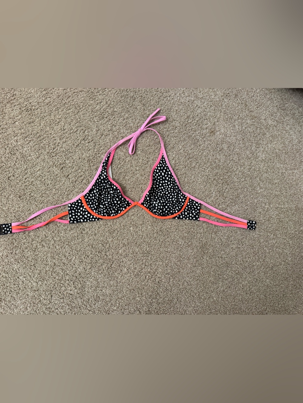 Black & White Dot Triangle Bikini Top with Pink and Orange Trim